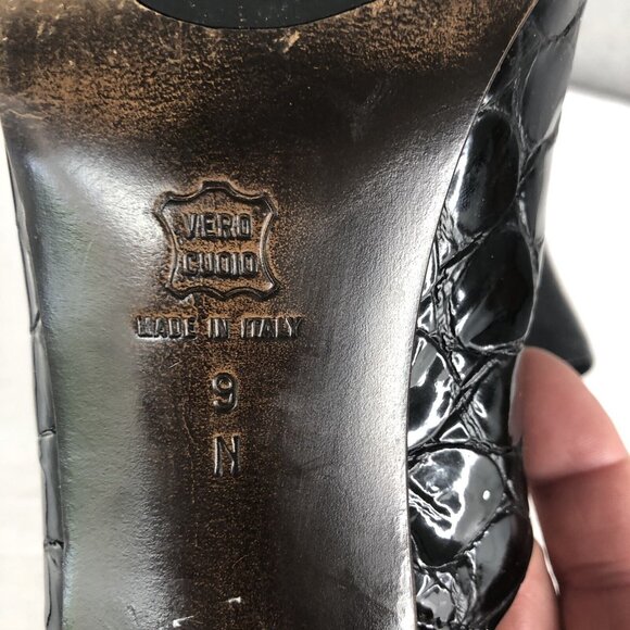 Donald Pliner Mules Womens 9 Black Alligator Texture Sandal Heels Open Toe - Picture 10 of 16